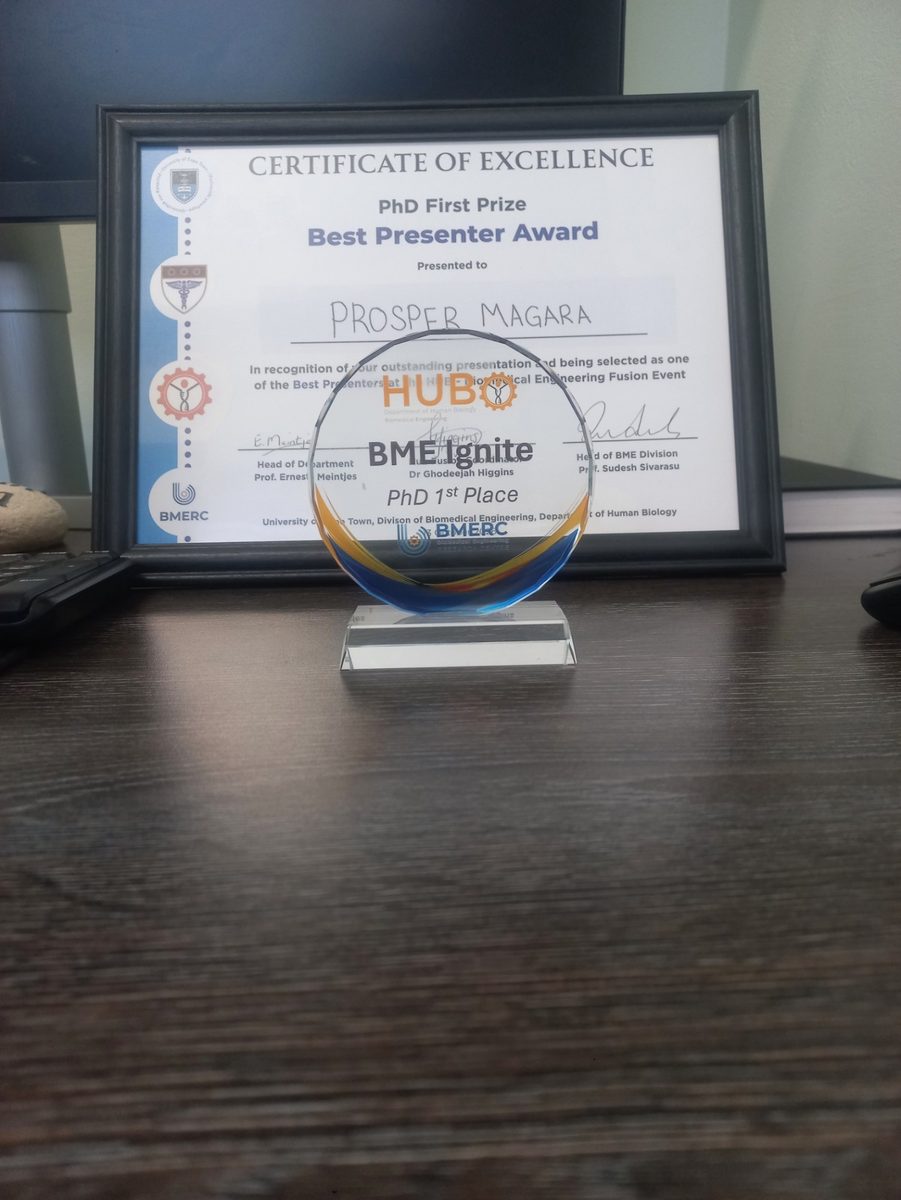 Certificate and trophy for PhD First Prize, Best Presenter Award at BME Ignite
