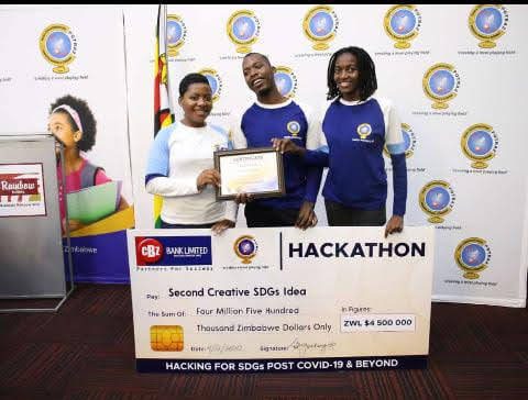 Team receiving the Second Creative SDGs Idea award at the CBZ Bank hackathon